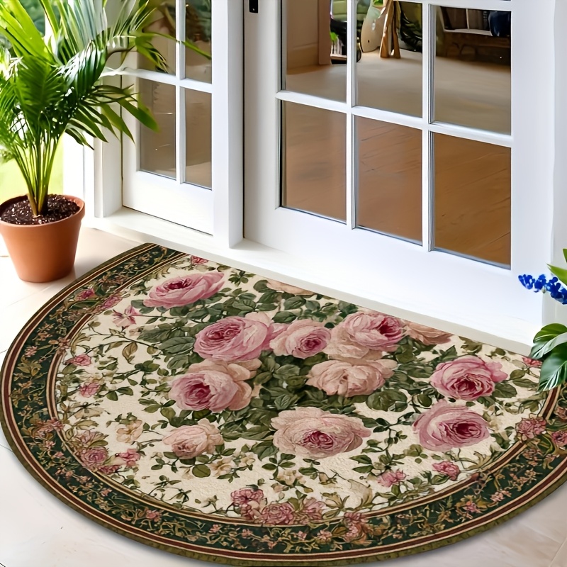TEMU 1pc Victorian Pink Rose Door Mat Suitable For , Front Doors, Weddings & Home Decor - Soft Semi-circular Welcome With Pvc Backing, Machine