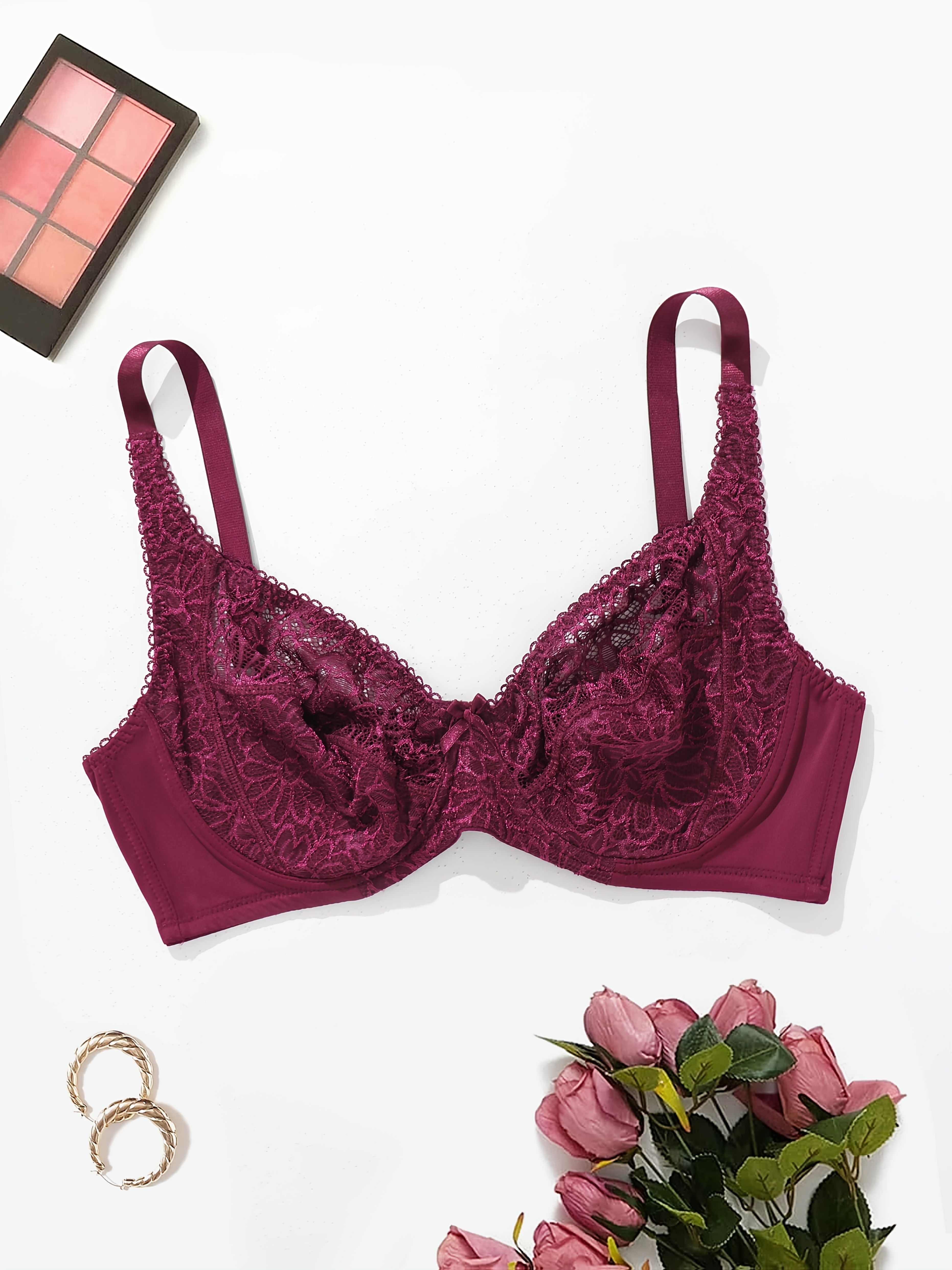Women's Plus Elegant Bra, Plus Size Bow Decor Floral Lace Non Padded Underwire Bra