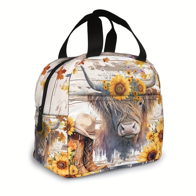 

Sunflower Highland Cow Pattern Aluminum Foil Insulated Bag - Spacious Food Storage Container With Insulation - School, Work, Or Picnic - , Easy-to-