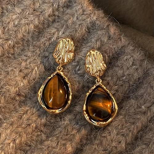 1 paire de boucles doreilles pendantes en œil de tigre cristal artificiel style vintage pour femmes