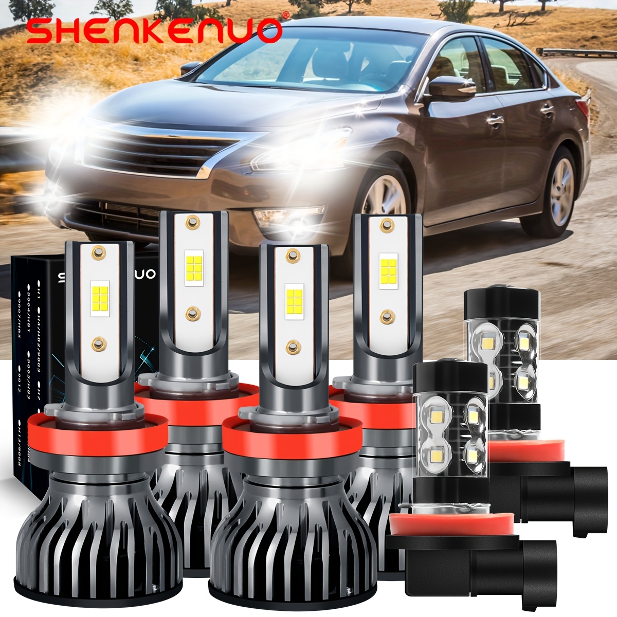 TEMU 6pcs Led Headlight Bulbs Combo Kit For 2007-2018 For Altima | H11 High Low Beam Fog Lights, 6000k Super , 36000lm , Plug And Play, Aluminum Material, Shenkenuo Brand, Without Battery