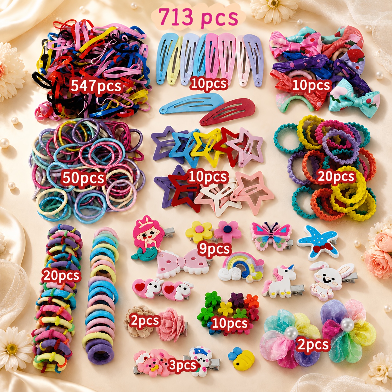 TEMU 713pcs Hair Additions Set: 547pcs Elastic Bands, 50pcs Hair Rings, 20pcs Wavy Ties, 20pcs Color Ties, 20pcs Spiral Ties, 10pcs Snap Clips, 10pcs
