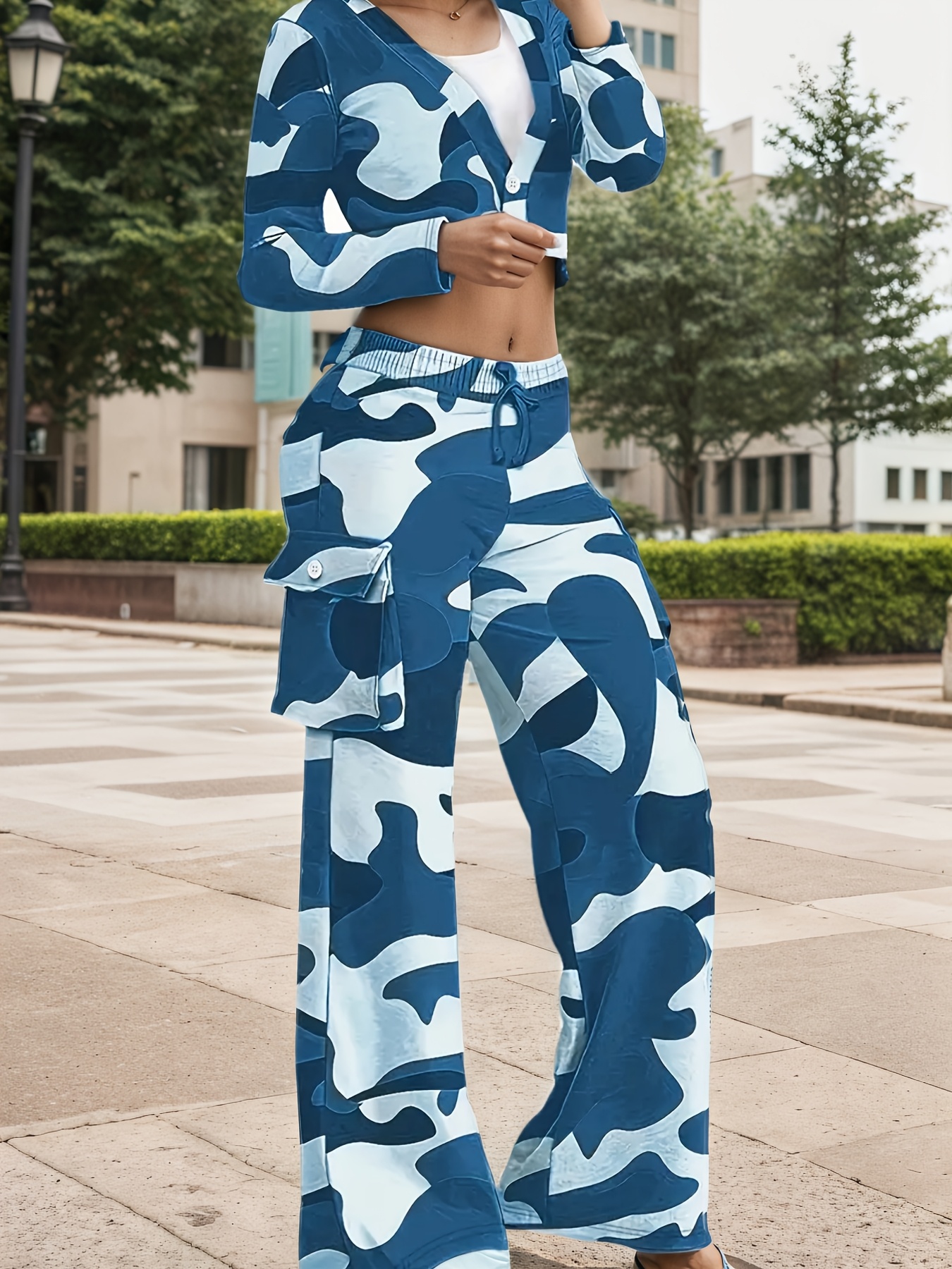 camo print two-piece varsity jacket and pants set, women