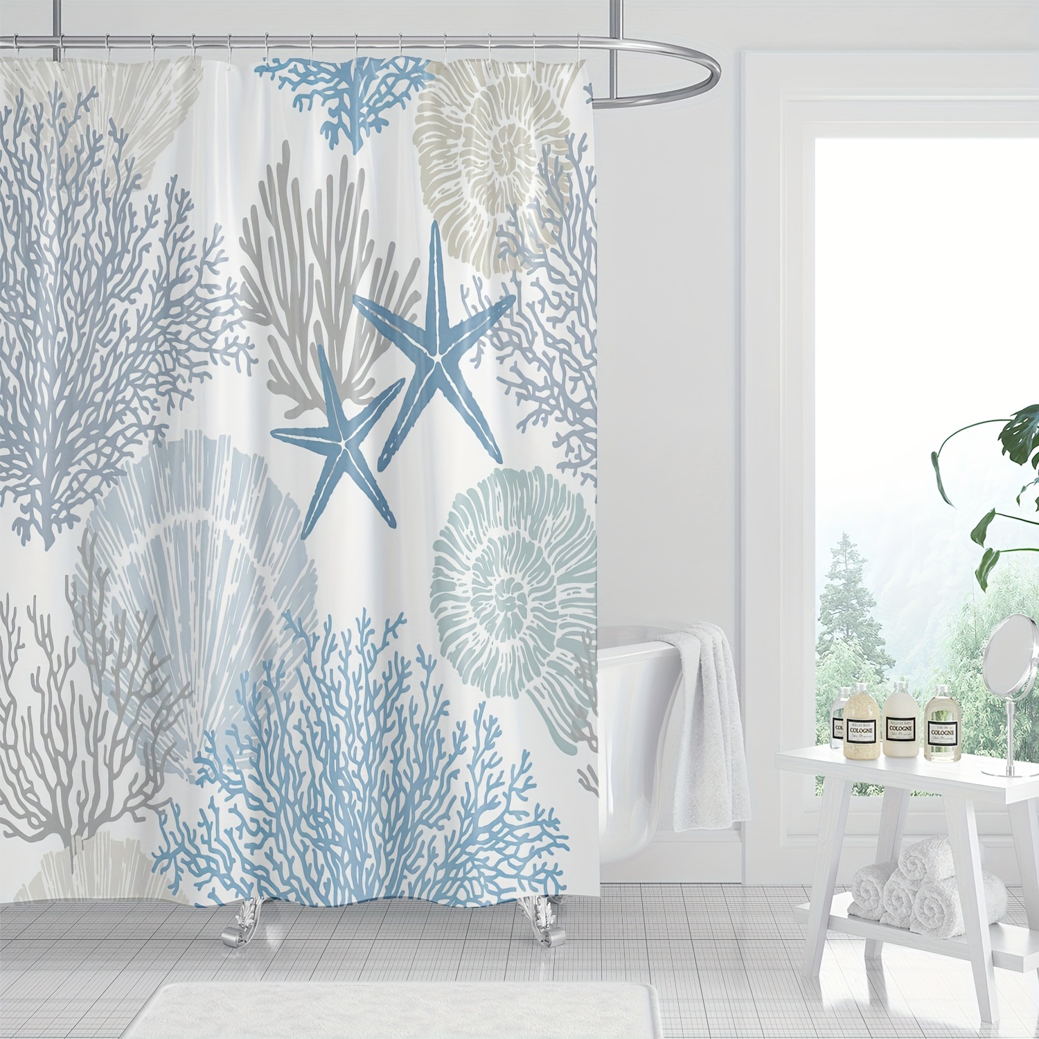 

1pc Starfish Shells Coral Pattern Shower Curtain With Hooks, Waterproof Bathroom Partition Curtain, Bathroom Accessories, Home Decor