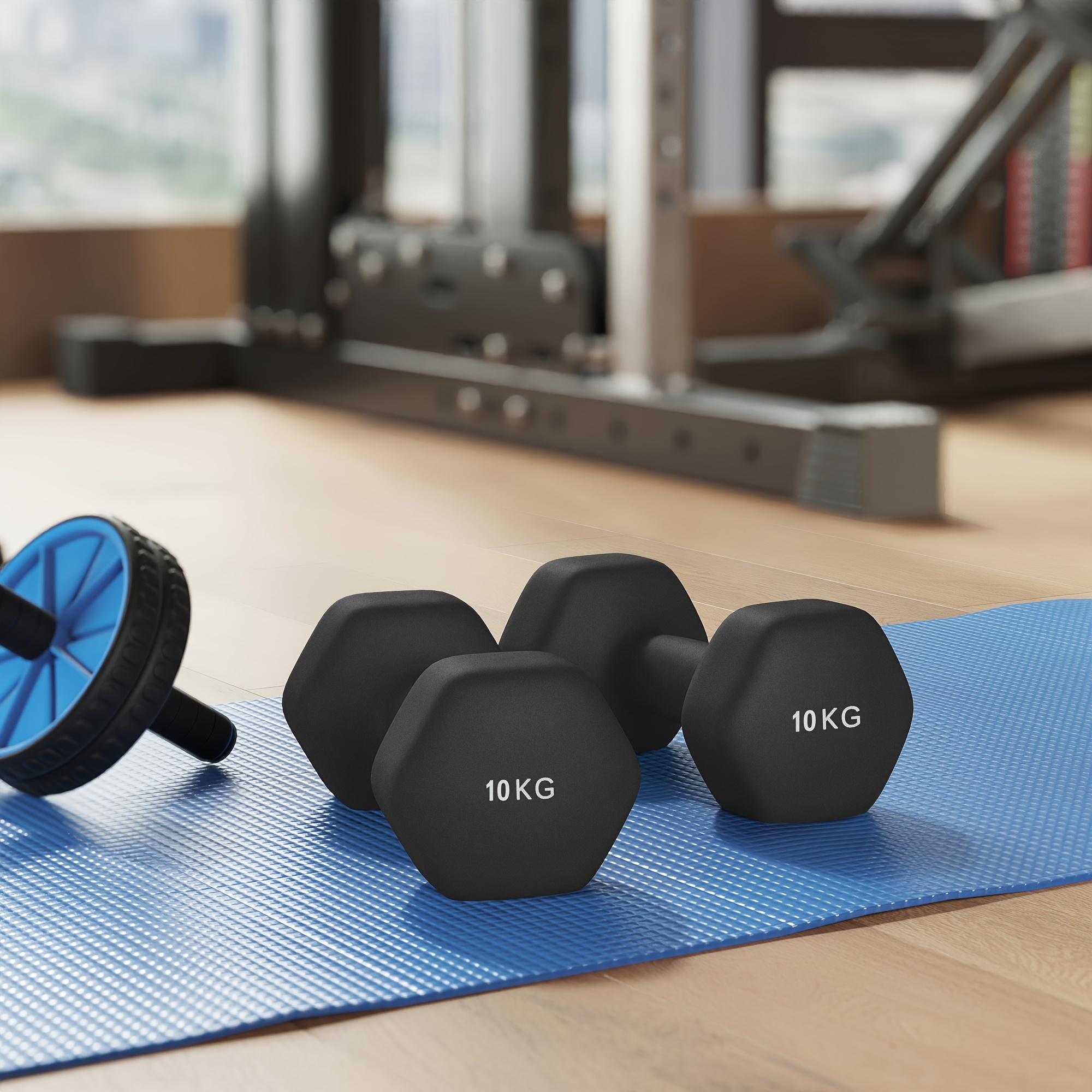Image of Hexagonal Dumbbells Set Of 2, Pvc Coated Weights, 2 X 10kg, 27 X 13 X 11cm, Black