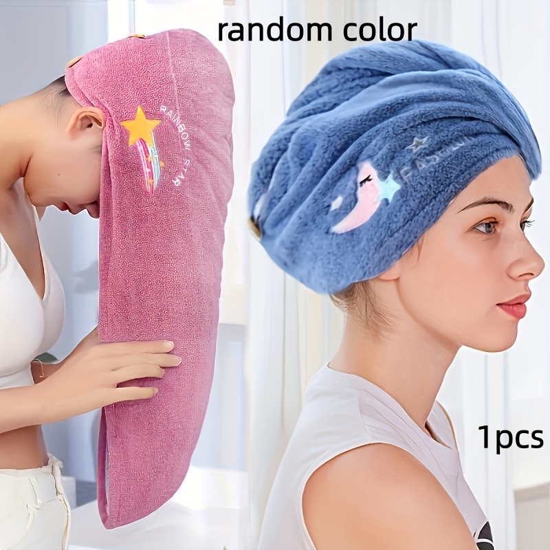 Women's Random Color Quick-drying Microfiber Towel - Fleece, High-quality Design, Absorbent Bath Towel, With Cute Star And Rainbow Embroidery, For Drying Wet Hair, Microfiber Towel