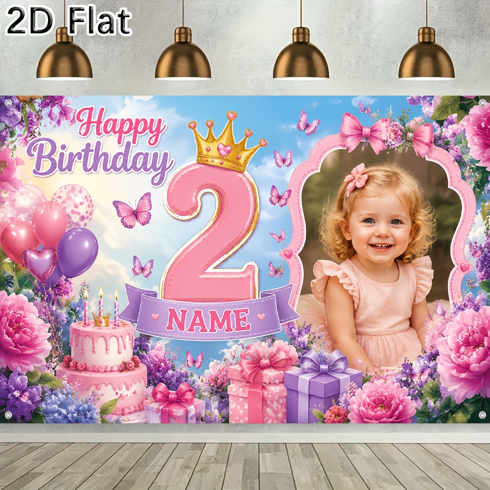TEMU 2d Flat, [[2d Plat] 1pc Party Banner Custom Photo Name Pink Floral Backdrop For Birthday Celebration Party Decor Photo Booth Photography