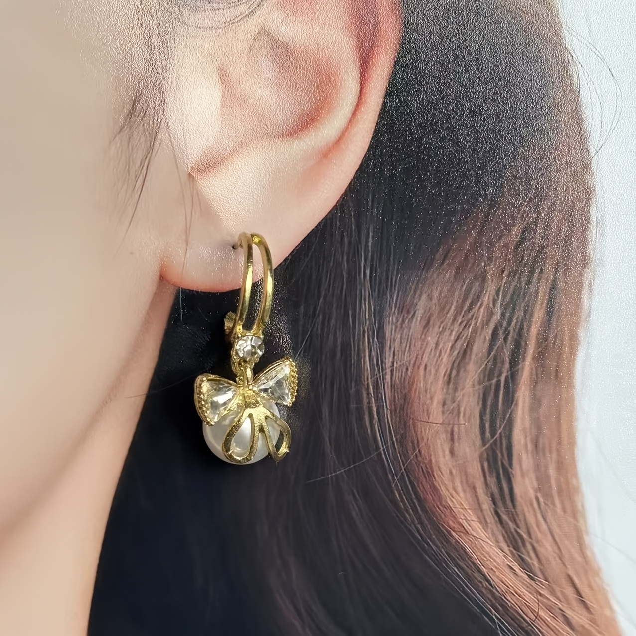 TEMU 1 Pair Fashionable Luxurious Tassel Bow Plastic Pearl Stud Earrings Women's Elegant Temperament Exquisite All-match Princess Ear Jewelry