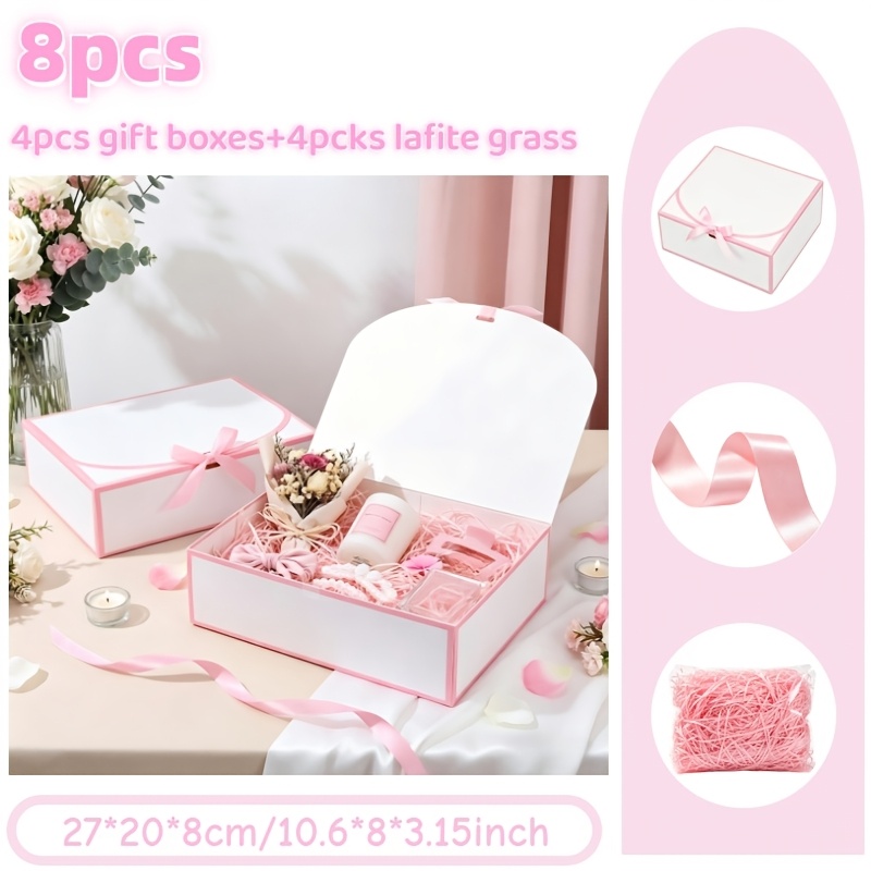 TEMU 8pcs Elegant White And Pink Gift Box Set, + 4 , Luxurious White Gift Boxes With Ribbons, Proposal Box, Bridesmaid Box, Graduation Gift, Mother's