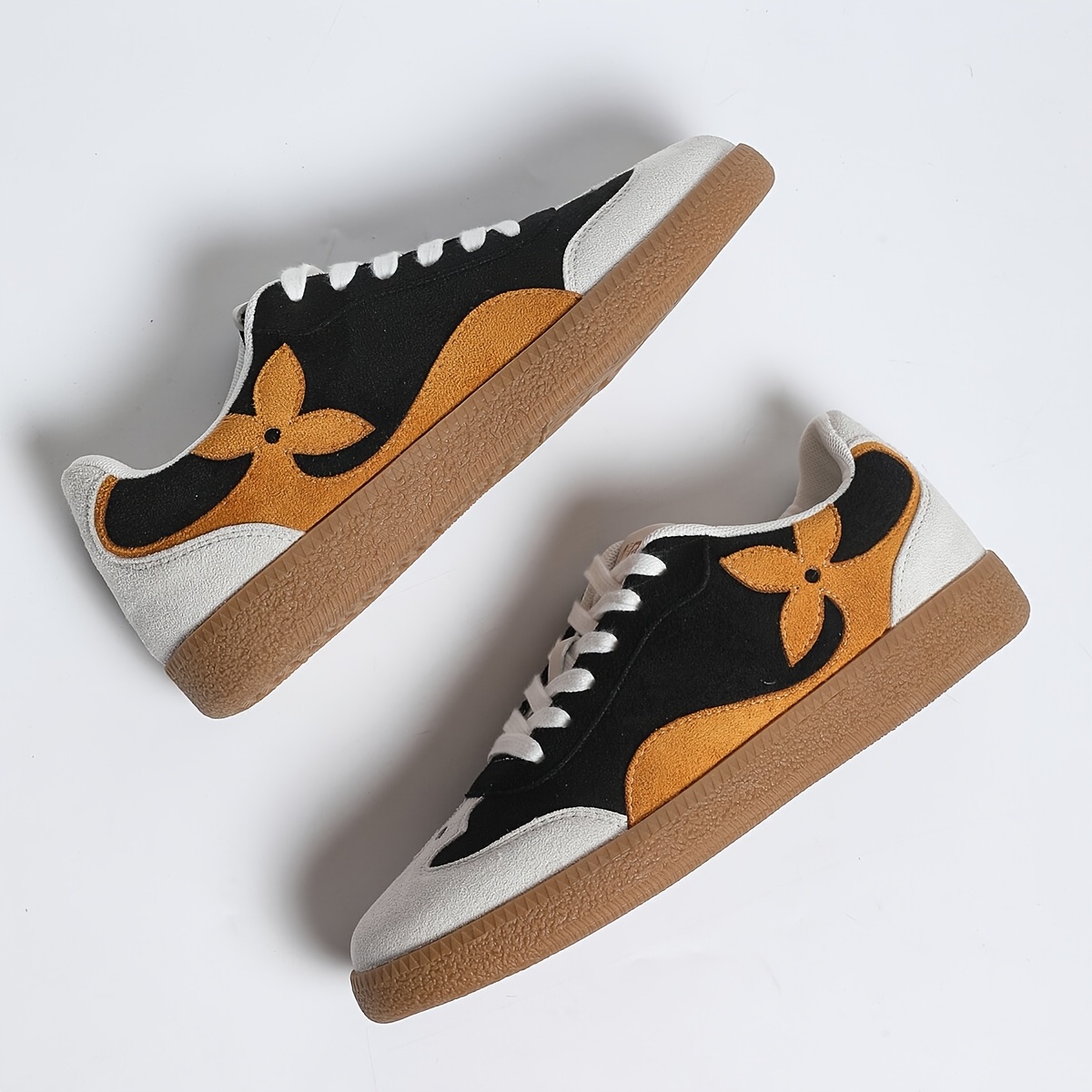 TEMU [afbc-treasure] Stylish New Colorblock Casual Sneakers - Floral Pattern On Sides, Tri-color Design, Thin-sole Low-top Cushioned Sports Shoes,