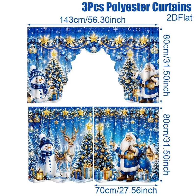 TEMU 2d Flat - 2d Flat - 2d Flat, 3pcs, Christmas Kitchen Curtains, Santa Claus, Reindeer And Christmas Tree Patterns Blue Valance And Tier Curtains,