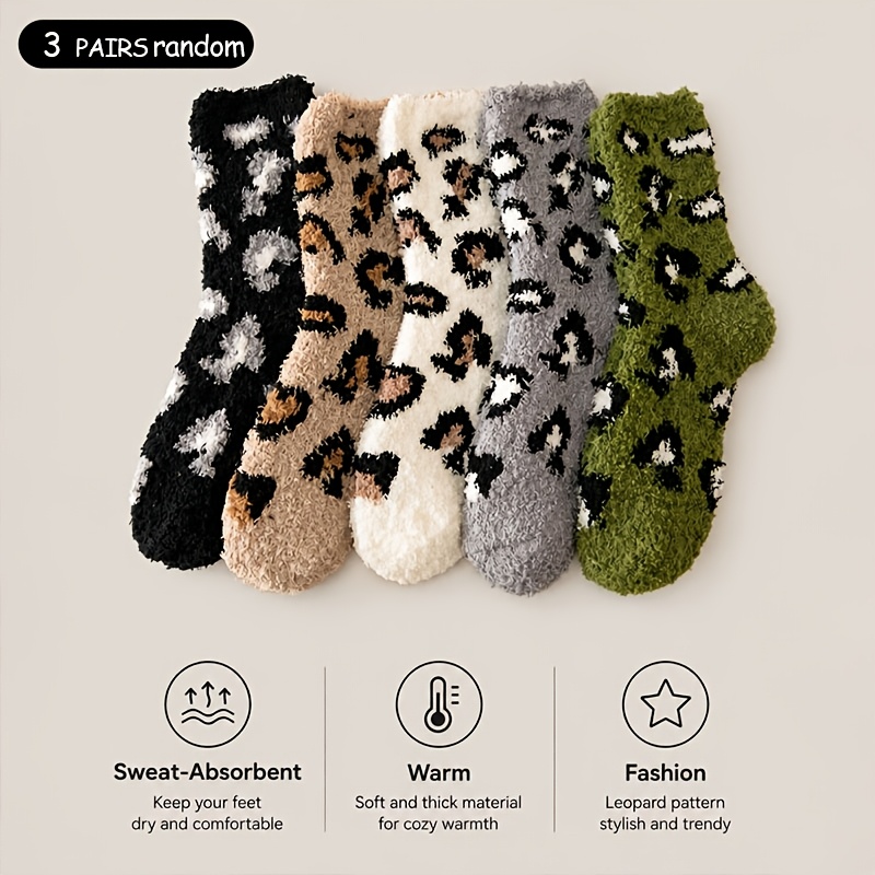 TEMU Random 3 Pairs Women's Fuzzy Crew Socks, Warm Cozy Leopard Print Mid Calf Socks, Soft Thick Thermal Socks For Fall Winter