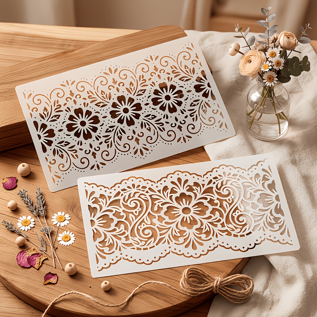 TEMU 2 plantillas de encaje nórdico para manualidades DIY - Plantillas reutilizables de PET con de y bordes florales lavables, compatibles a 1:1 para