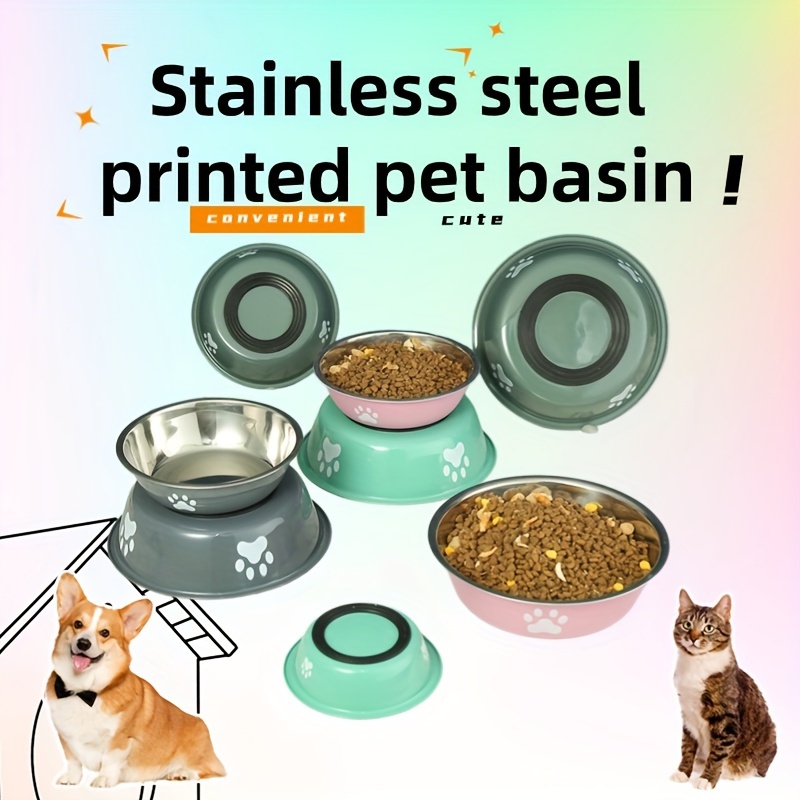 

New Stainless Steel Anti-fall Pet Bowl For Dogs And Cats, Anti-slip And Anti-tipping, Printed Cat Bowl And Dog Bowl