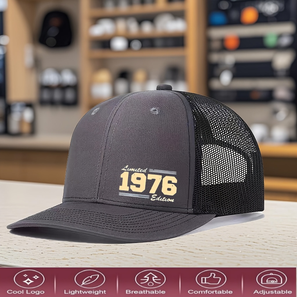 TEMU 1976 Edition Printed Color-block Baseball , Breathable Mesh Trucker Hat For Summer, Adjustable, Unisex Outdoor Flat-brim Hat. Available In