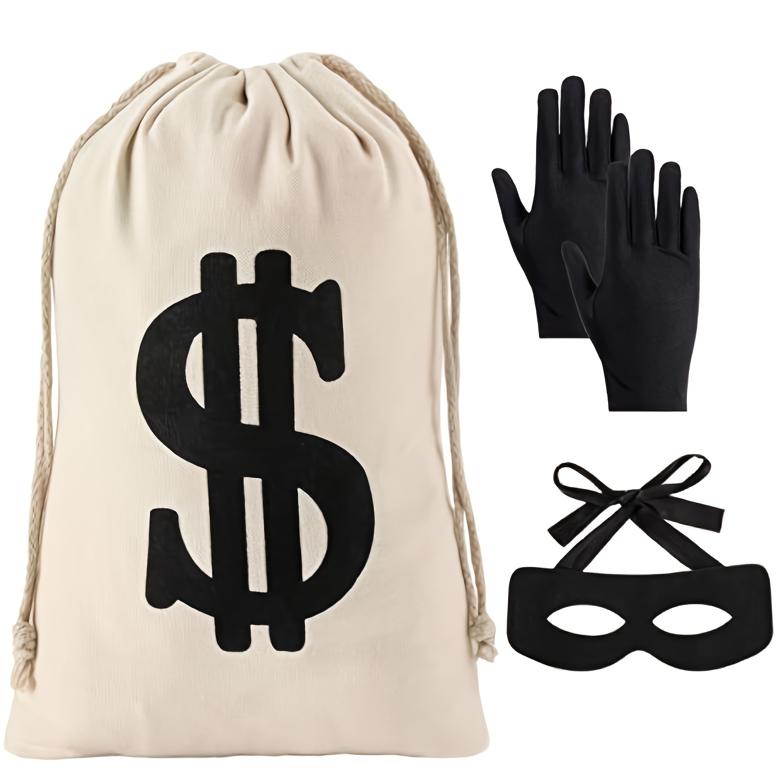 

Ensemble de Décoration de Costume 3pcs, un Sac avec Dollar de 11.8x15.7 pouces, des Gants Noirs, un Masque pour pour Costume de Cosplay de Pirate Voleur pour Halloween