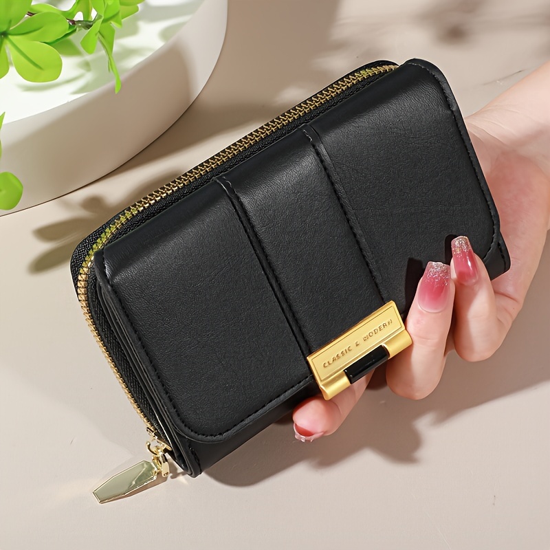 

Portefeuille Long Noir avec Fermeture Éclair Dorée & Bouton - Design Pliable Portable, Porte-Monnaie, Porte-Cartes de Crédit pour Femmes, Doublure en Nylon, Facile à Nettoyer, Petit Portefeuille