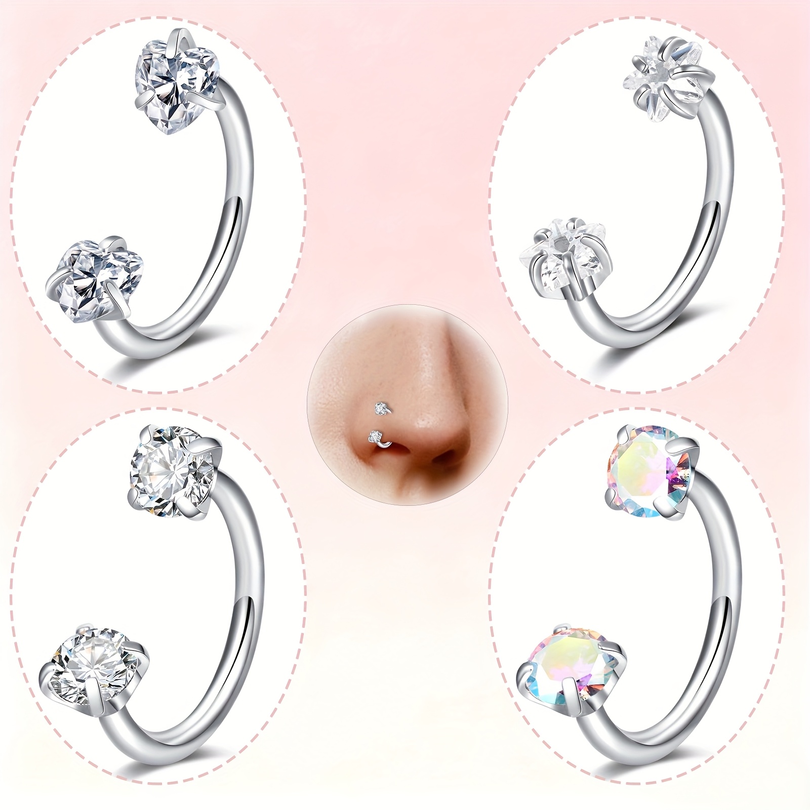 Image of Set Of 4 Horseshoe-shaped Piercings For Ears And Nose, Made Of 18g Surgical Steel, Featuring A Pink Heart Cz Design, Suitable For Lip Piercings, Measuring 8mm