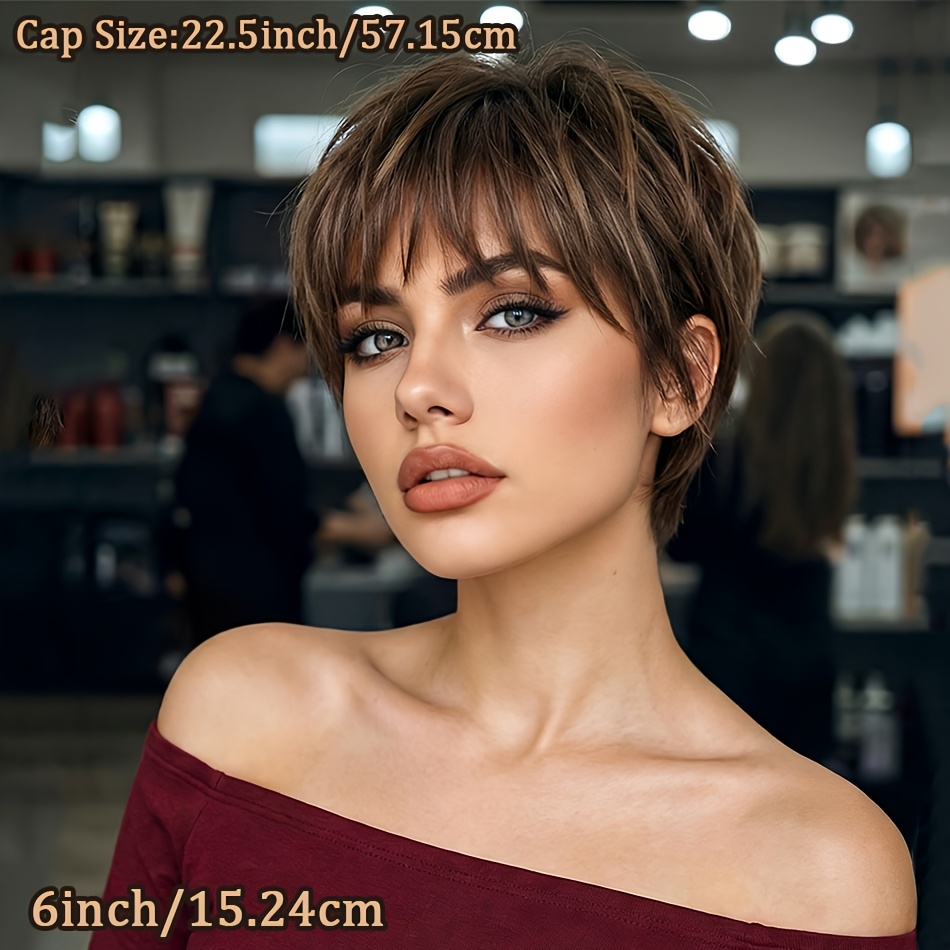 Image of 4# Color Glueless Cut Wig With Bangs | Layered Brown Brazilian Human Hair Wig Perfect For Daily And Party Wear, Real Human Hair, Density, Straight Hair, Cap, Brand: Usexy