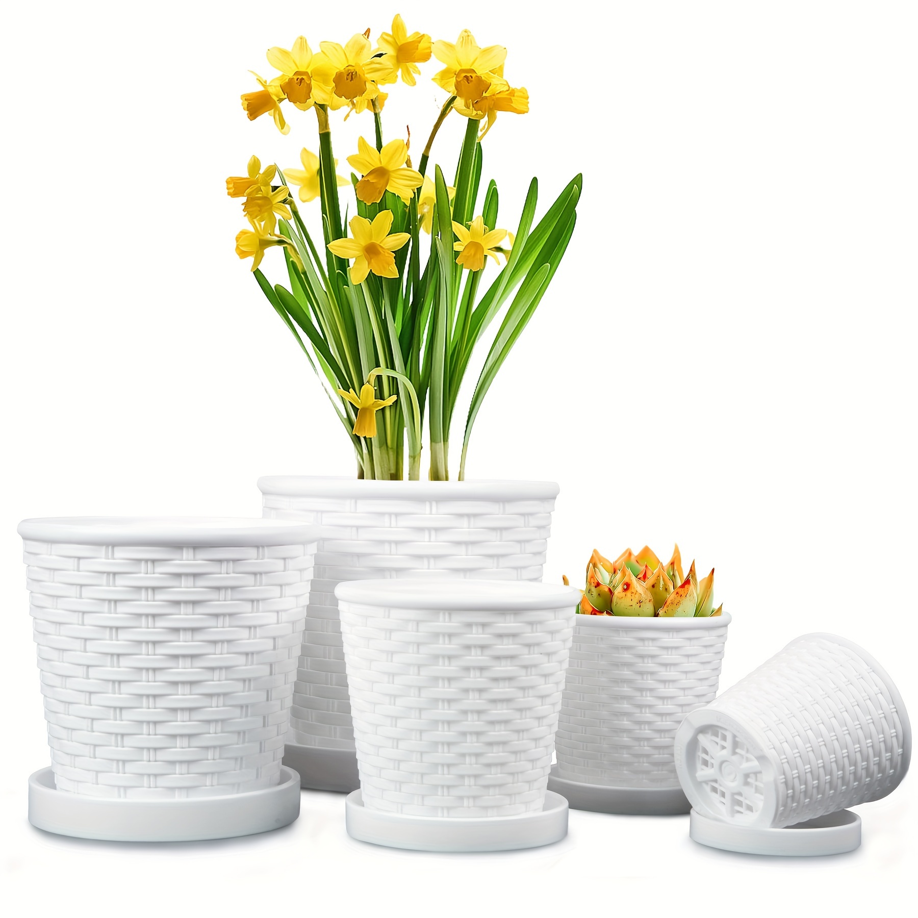 

5-piece Set, 7.7/6.7/5.3/4.5/3.9 Inches Rattan Patterned Plastic Plant Pots, High-quality Pp Material Plastic Pots With Drainage Holes And Trays, Suitable For Indoor And Outdoor Plant Flowerpots