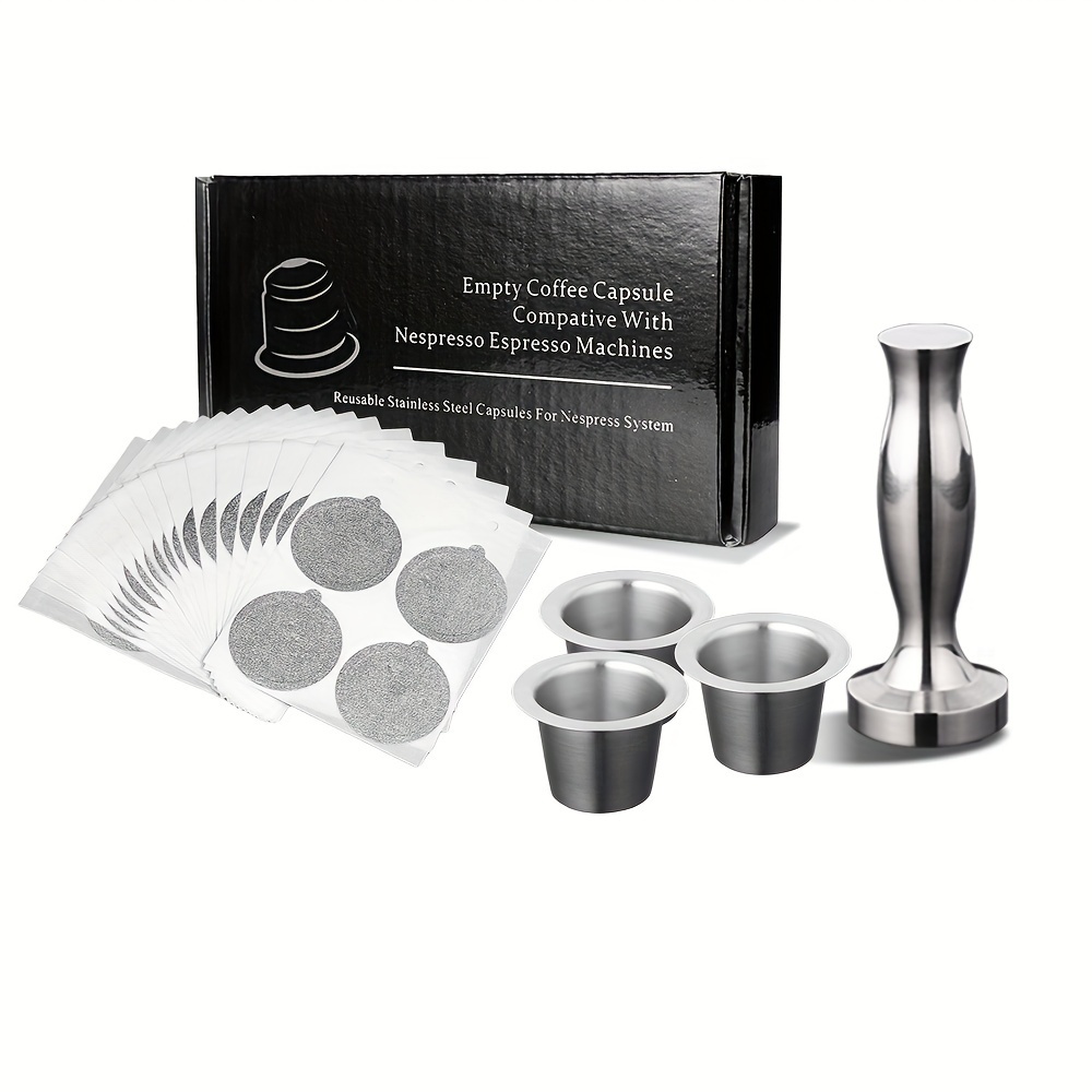 

Stainless Steel Reusable Coffee Capsules With Foil Seal Stickers - Compatible With Nespresso Machines, Refillable Coffee Pod Filters Set With Tamper