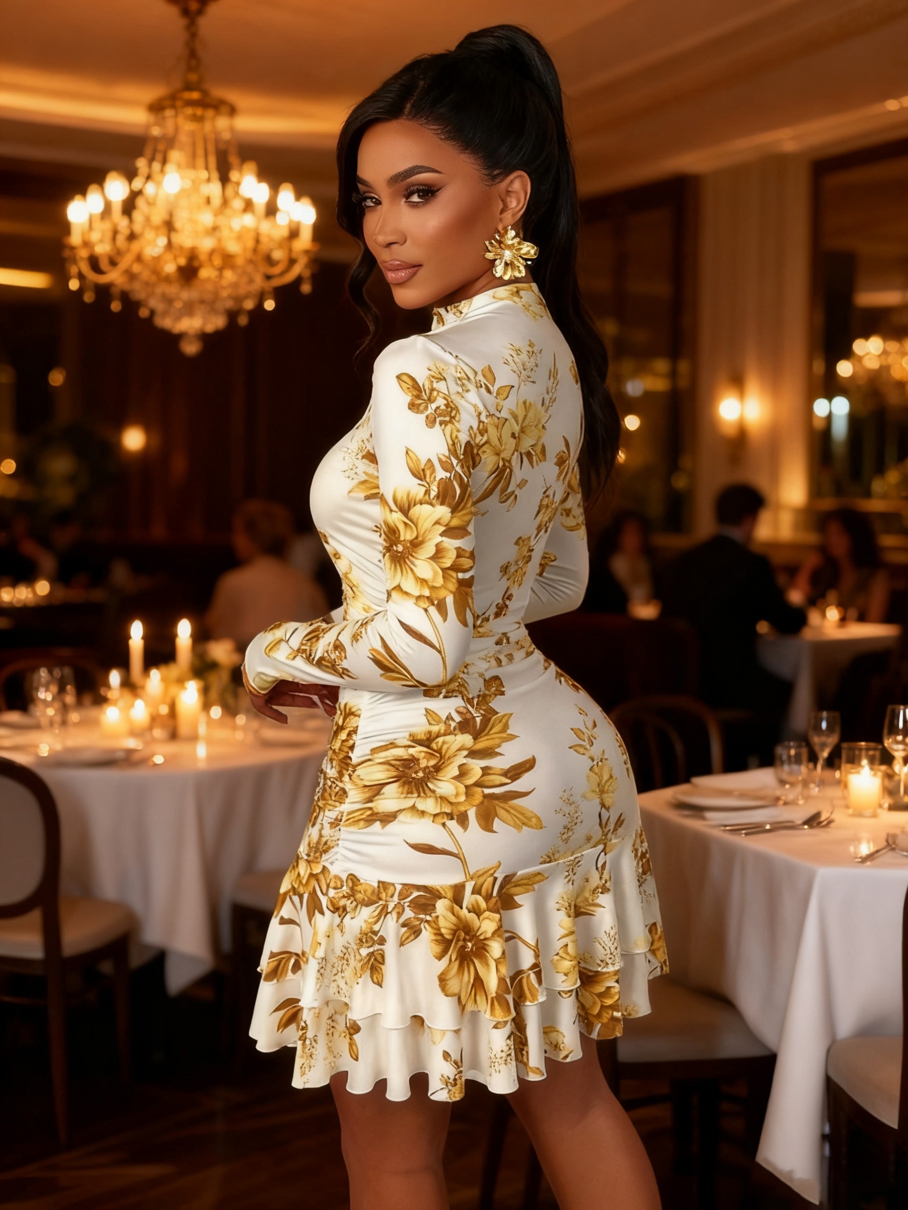 elegant floral long sleeve high neck dress retro fit - Temu Oman