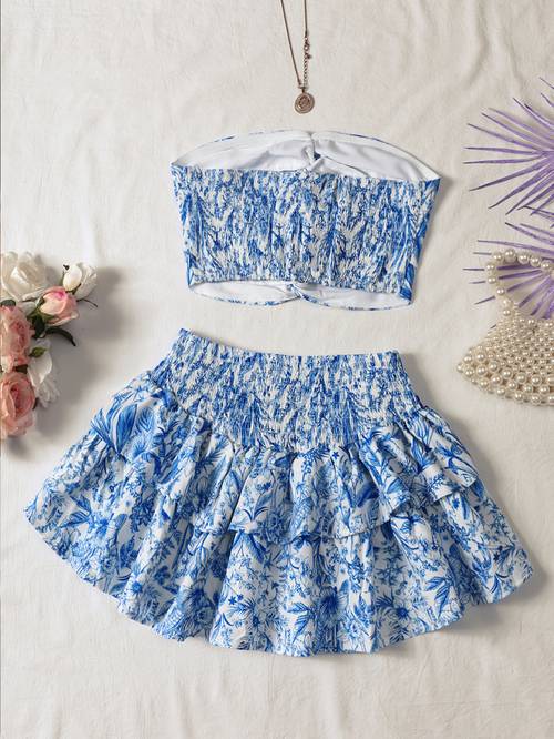 vacation beach bandeau print skirt set womens stylish two piece romantic resort outfit tiered mini skirt spring summer casual wear