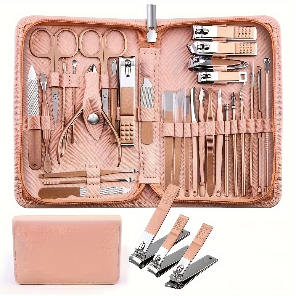 TEMU [popular ] 30pcs Deluxe Nail Care Kit - Stainless Steel, With Rotating Head - Includes Compact Travel Case, Gift, Nail Accessories