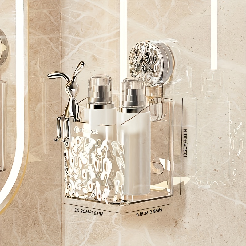 TEMU à Ventouse avec Décoration Lapin et Nœud, Étagère de Rangement à Ventouse pour Étagère de Salle de Bain, Lavabo de Salle de Bain, Étagère Murale