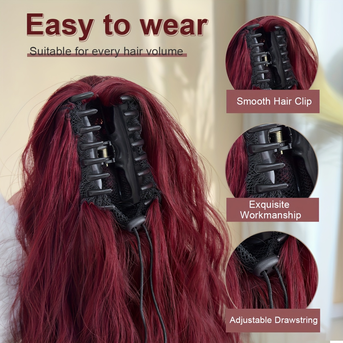 ponytail extension drawstring clip in hair extensions 28 inch long wave synthetic hairpiece wine red details 2
