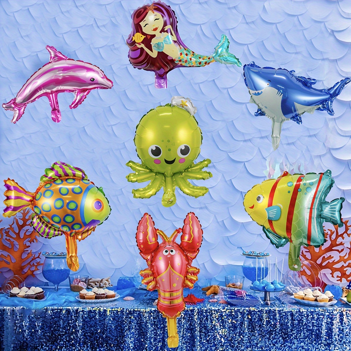 

7pcs, Ocean Foil Balloon Set, Shark Balloon, Mermaid Theme Party Decor, Octopus Dolphin Balloon, Summer Party Decoration Supplies For Birthday Party Decoration