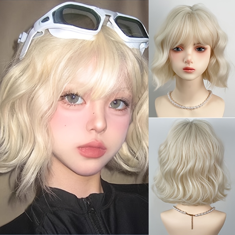 

Chic White Golden Short Synthetic Wig With Bangs - Fluffy And , Ideal For Women's Christmas Cosplay & Party Events, Wig| Texture|synthetic Fibers