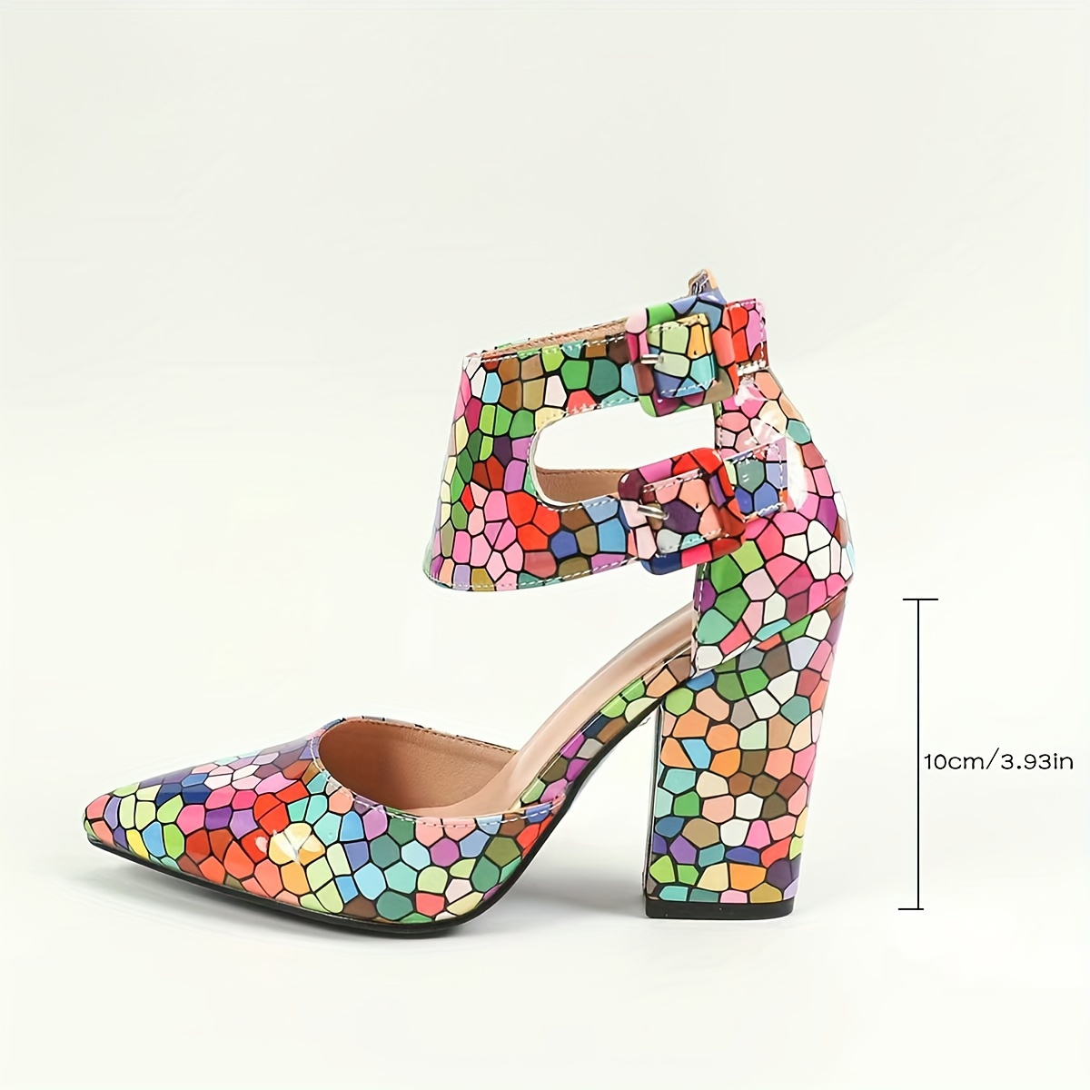 Women's Colorful Mosaic Pattern Block Heel Pumps Fashionable Pointed Toe  High Heels with Ankle Strap, Vibrant Multicolor Design for Stylish Outfits,