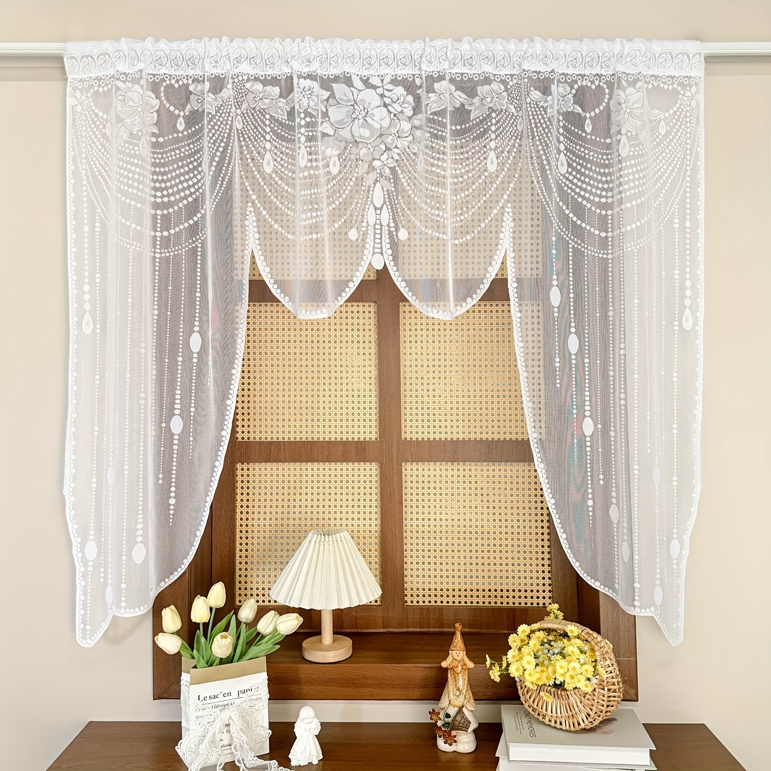 Image of 1 Panel White Lace Yarn Short Valance Curtain For Kitchen, Dining Room Romantic Window Decoration Small Curtain, Rod Pocket Cafe Curtain, Doorway Drapery