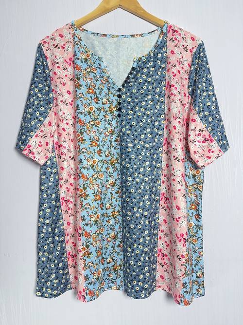 plus size damen v-ausschnitt kurzarmbluse - lockere passform knopfleiste casual top für frühling, sommer herbst