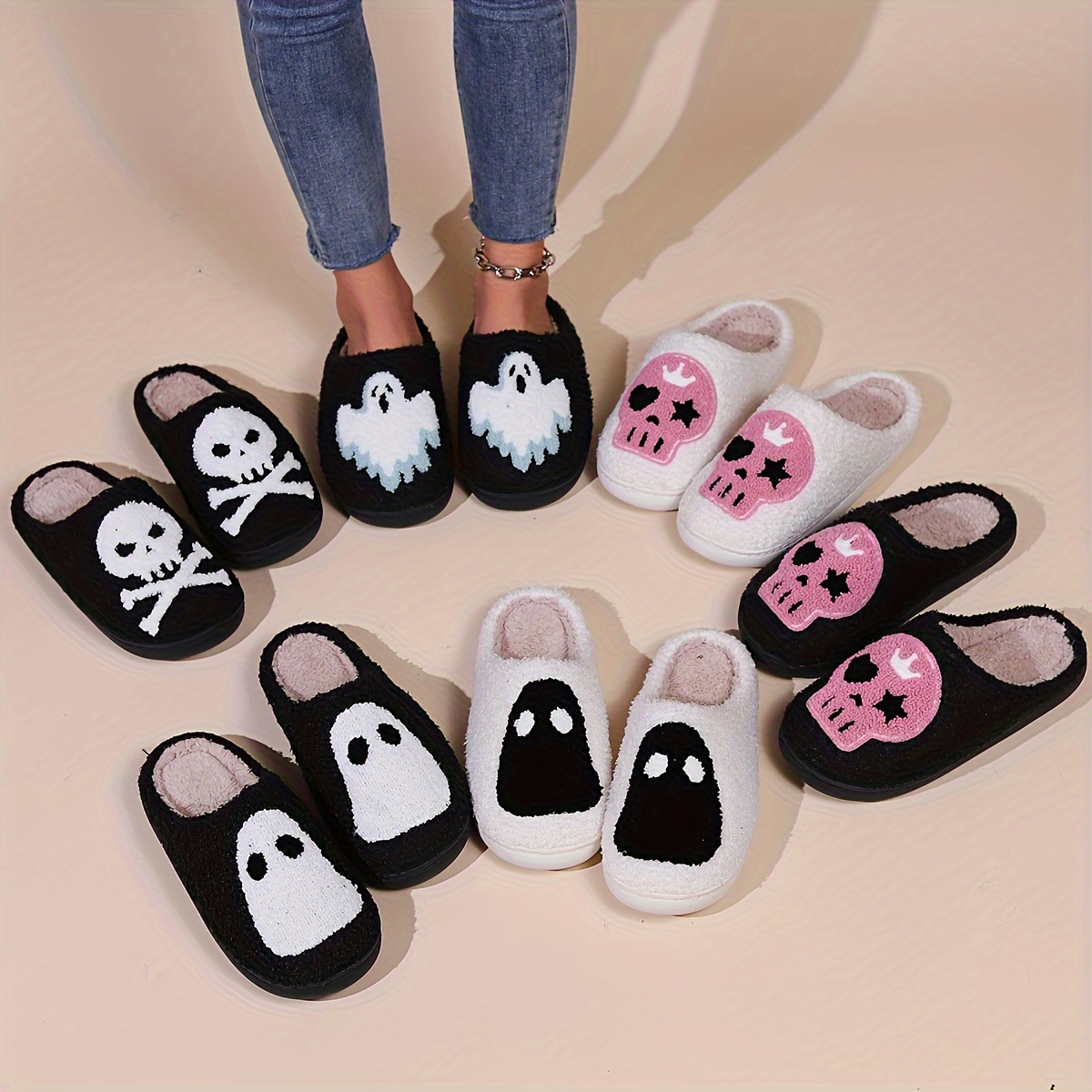 halloween skull ghost pattern plush slippers closed toe soft details 0