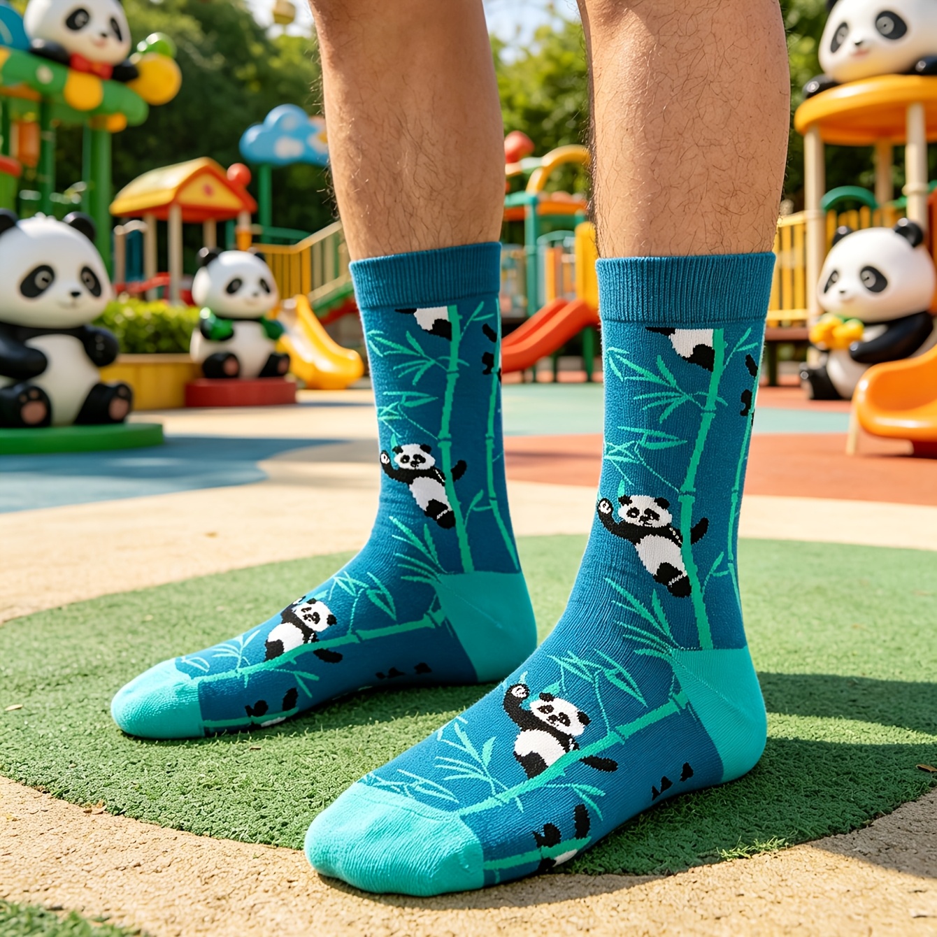 1 Pair Of Men's Panda And Bamboo Rayon Graphic Mid-calf Trendy Socks
