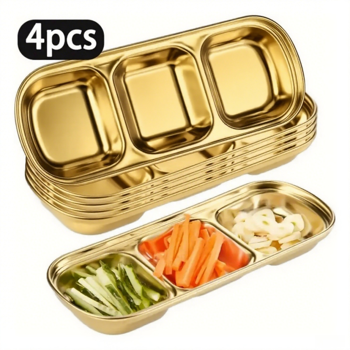 TEMU 4pcs Golden Stainless Steel Dish Dipping Bowls With Rectangular Compartment Divided, Metal Seasoning Plate Dipping Bowl, And Desserts Condiment