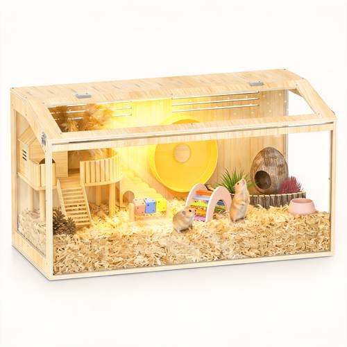 32in & Large Hamster Cage Suitable for Hamsters, Hamsters, Gerbils - Pine Wood Habitat with Acrylic Panels & Openable Roof, Small Animal Pen for, for Gerbil Enclosures