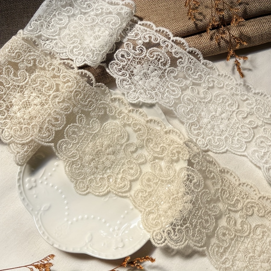 

White And Apricot Embroidered Lace Trim, 9cm Width, European Style Decorative Lace For Diy Crafts, Doll Dresses, And Garment Edging - 36 Inches