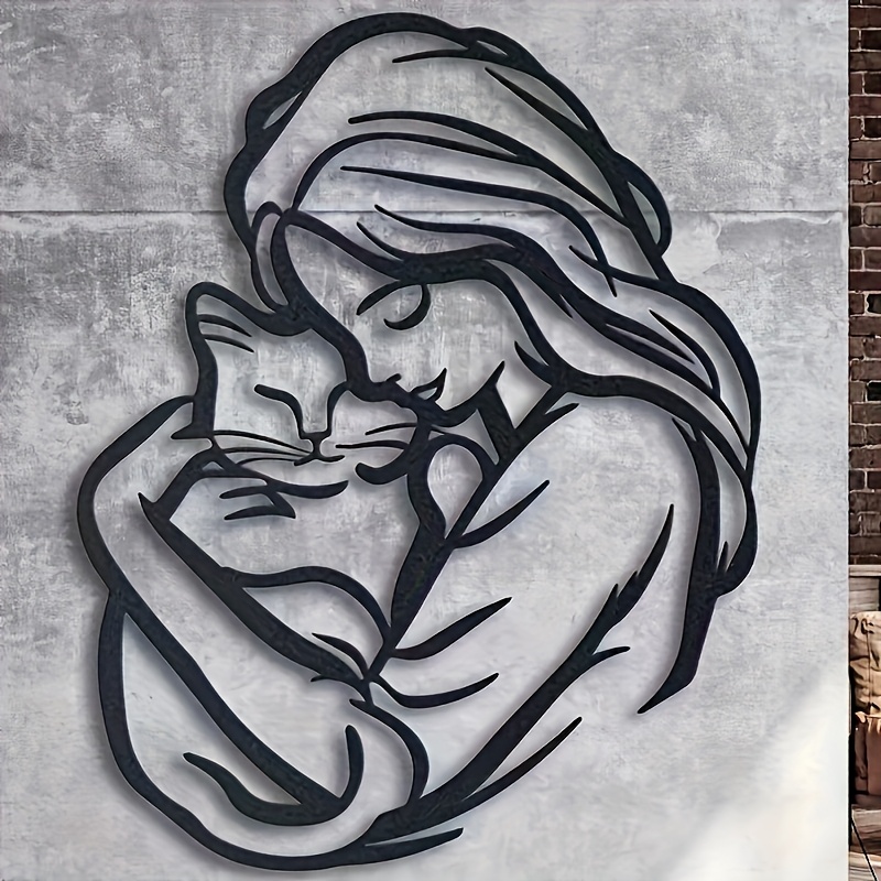 TEMU Whimsical Feline Embrace Metal Wall Art - Exquisite Silhouette Design, Easy-to-hang, Durable Iron Construction - Ideal For Cat Lovers, Perfect
