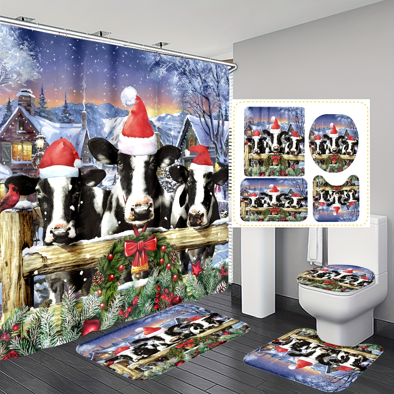 

1pc/4pcs Christmas Cow Polyester Decoration Bathroom Shower Curtain 12 Bathroom Mat U-shaped Mat And Round Mat Bathroom Set Use