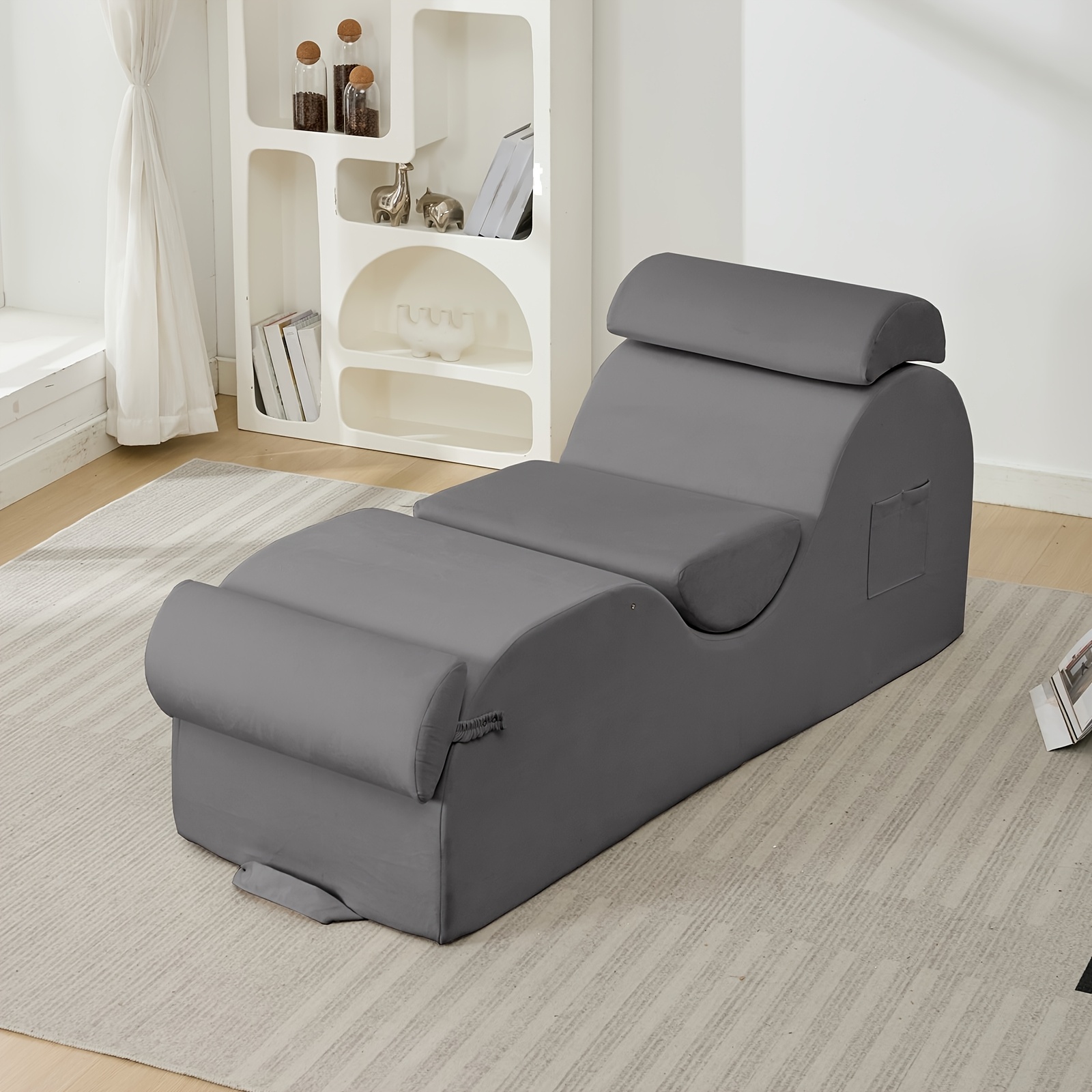 ergonomic velvet yoga chair with headrest waist cushion non slip bottom side pockets high density sponge filling light grey upholstery for home   studio or relaxation   mat