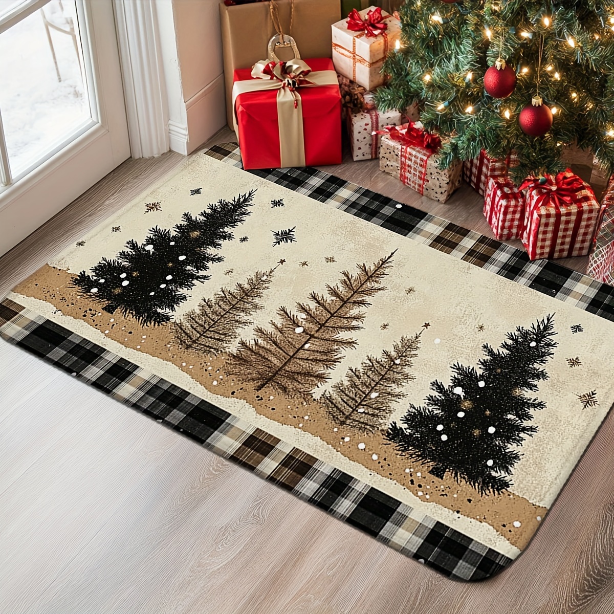 Plaid Snow Scene Christmas 1.2cm Grid Snow Christmas Pattern Door Mat, Soft Mat, Suitable For Living Room, Bedroom…: retailer-supplied image