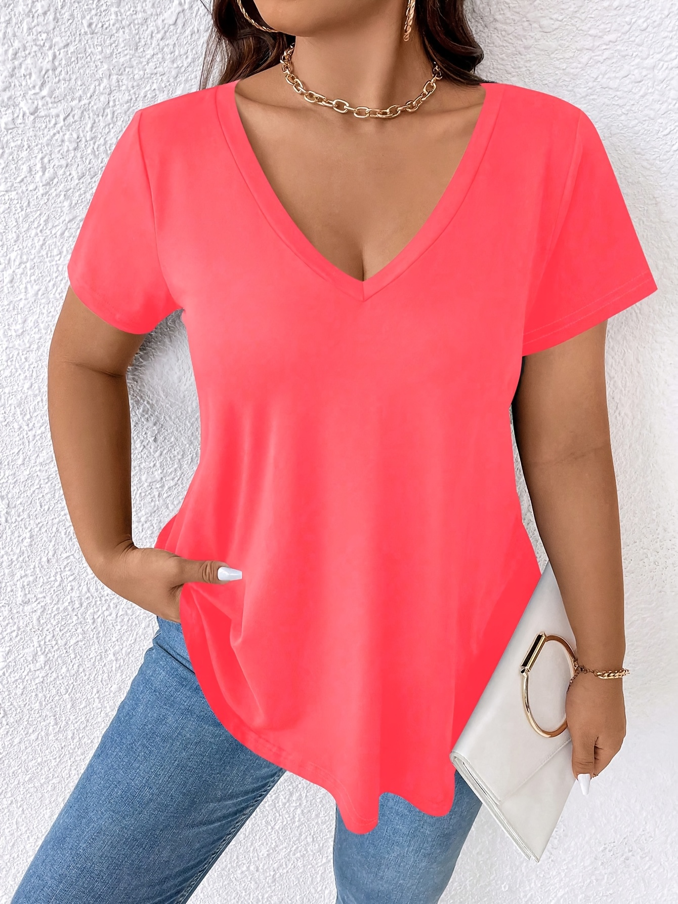 Women's Elegant V-Neck Short Sleeve T-Shirt - Soft Stretch Fabric, Machine Washable, Solid Color Casual Top for Spring Summer Fall, Seasonal Fashion, Versatile Clothing, Nontransparent Material