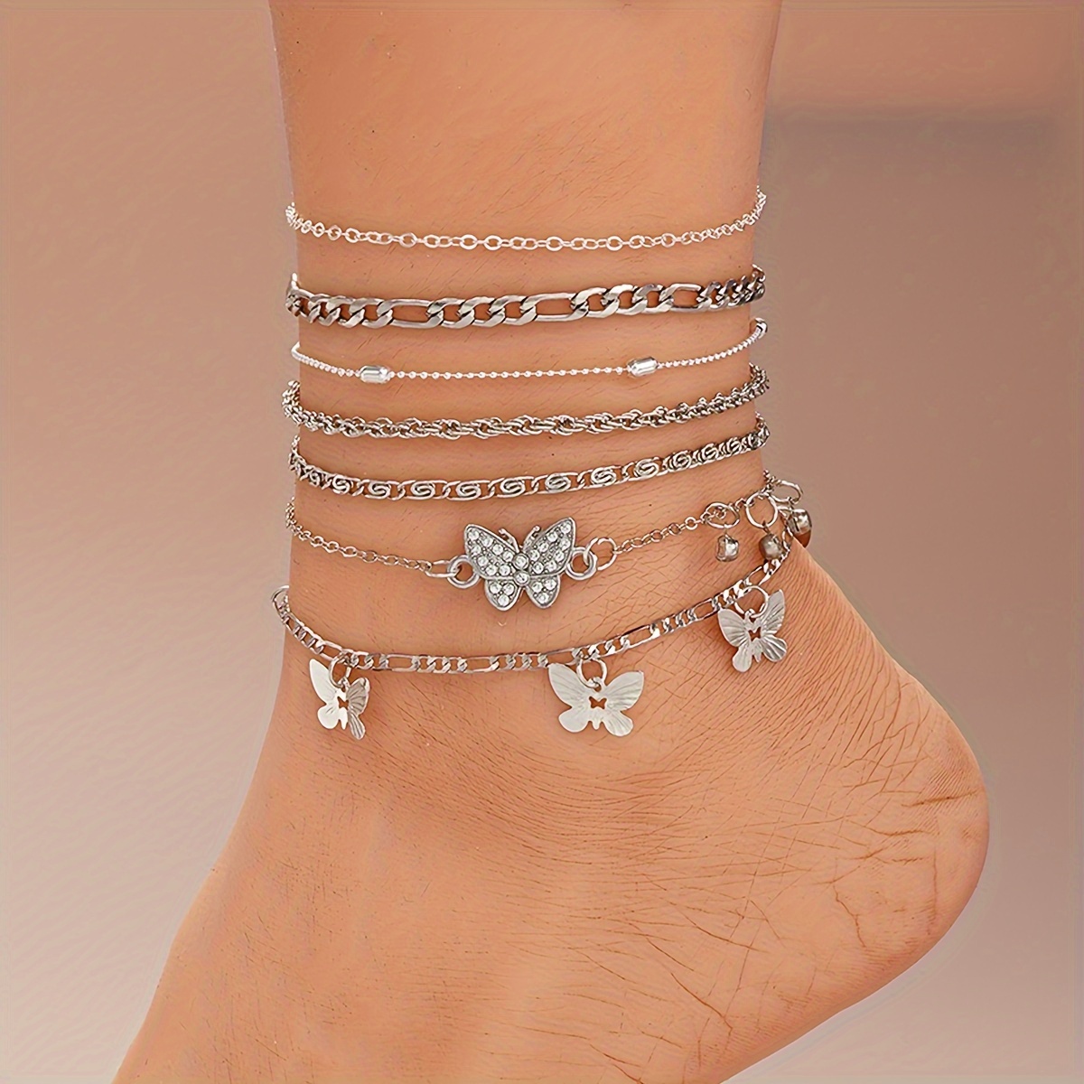 

7 Pcs Simple Butterfly Pendant Chain Anklets Set For Women's Vacation Date Gifts