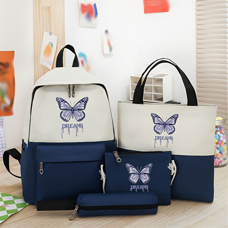

Dream Butterfly Print Bag Set, Navy & Cream Colorblock Durable Includes Backpack, Tote, Pencil Case, Wallet & Cosmetic Bag, Versatile Design For School, Travel & Daily Use