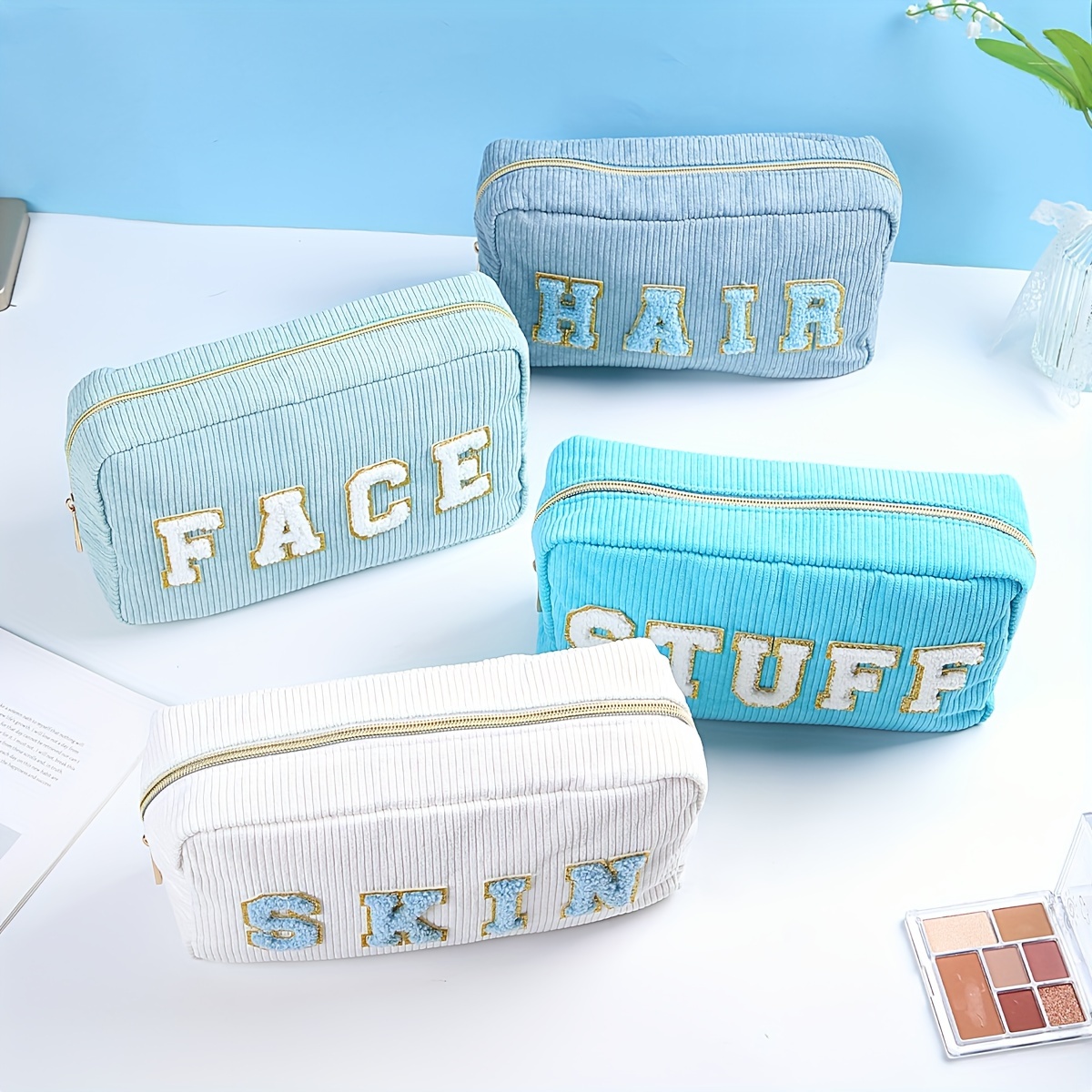 TEMU 4-piece Corduroy Cosmetic Bags Set, Unisex-adult Polyester Makeup Organizer Pouches With Embroidered Lettering, Large Capacity For Home And Travel Organization, Non-waterproof Unscented