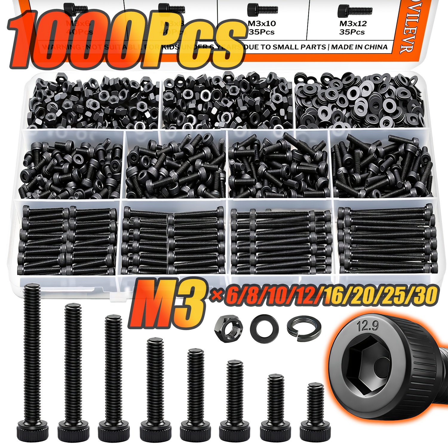 TEMU Kit d'assortiment de 1000 pièces de boulons à tête hexagonale M3 de qualité 12.9, jeu de vis, écrous et rondelles noirs M3x6-30mm, fixations