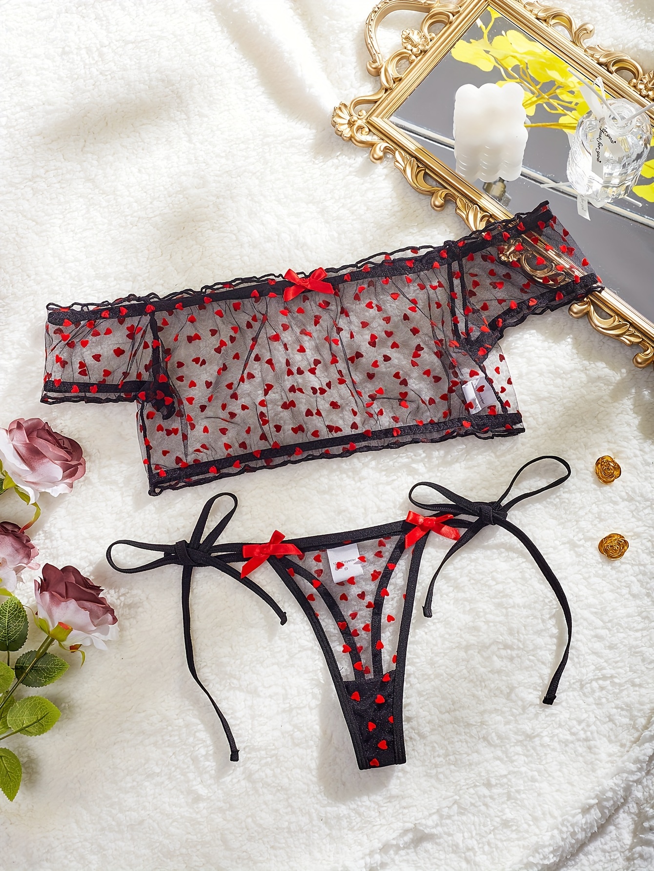 Red Mesh Heart Underwired Lingerie Set